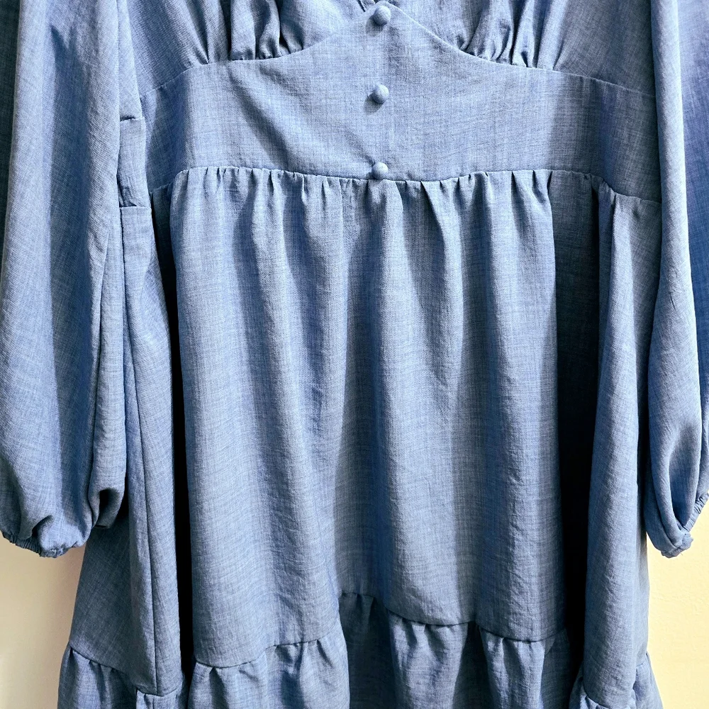 Linen Blue Lantern Sleeve Deep V Dress size 3XL - Picture 6 of 9